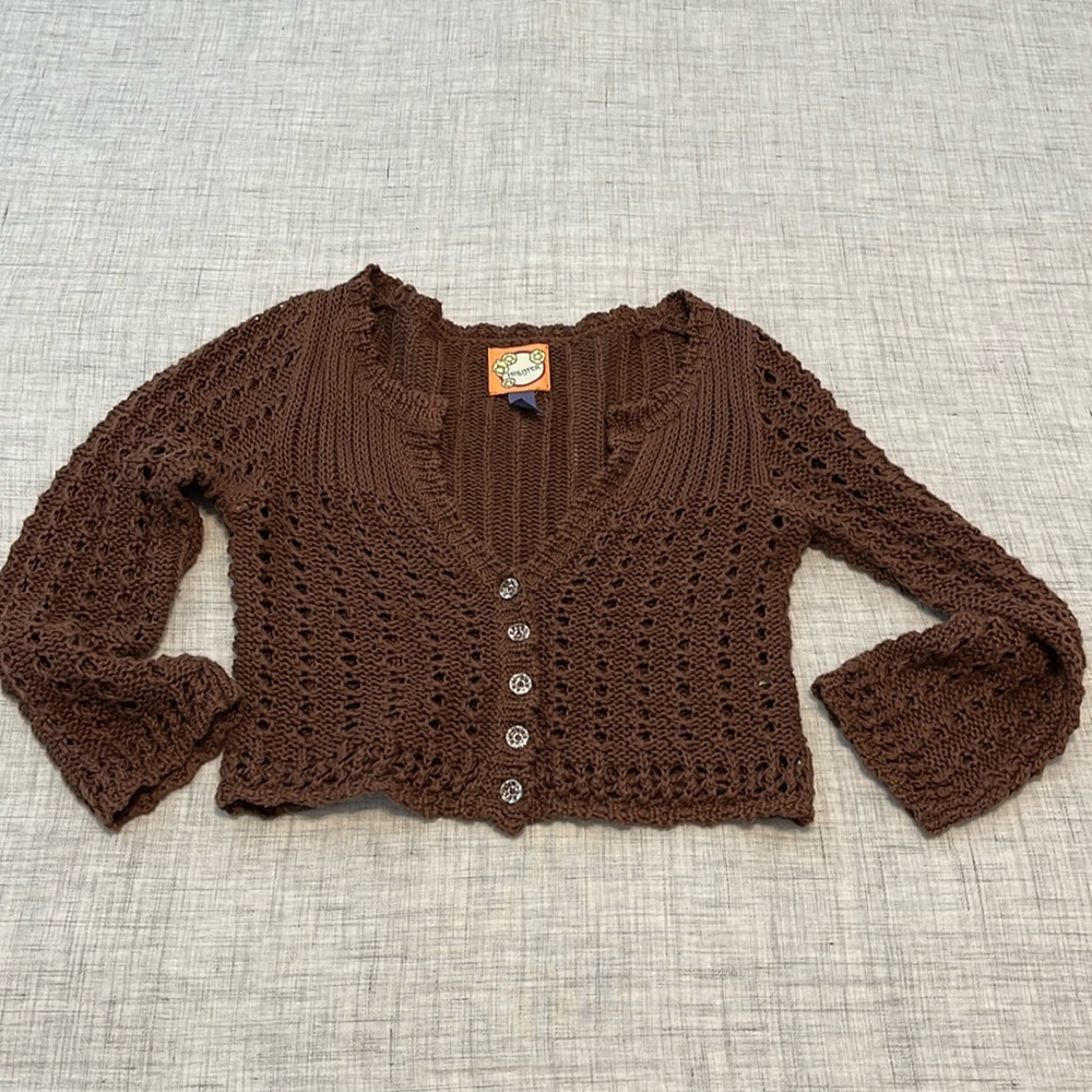 Vintage 90s Y2K Hollister brown crochet cropped cardigan
